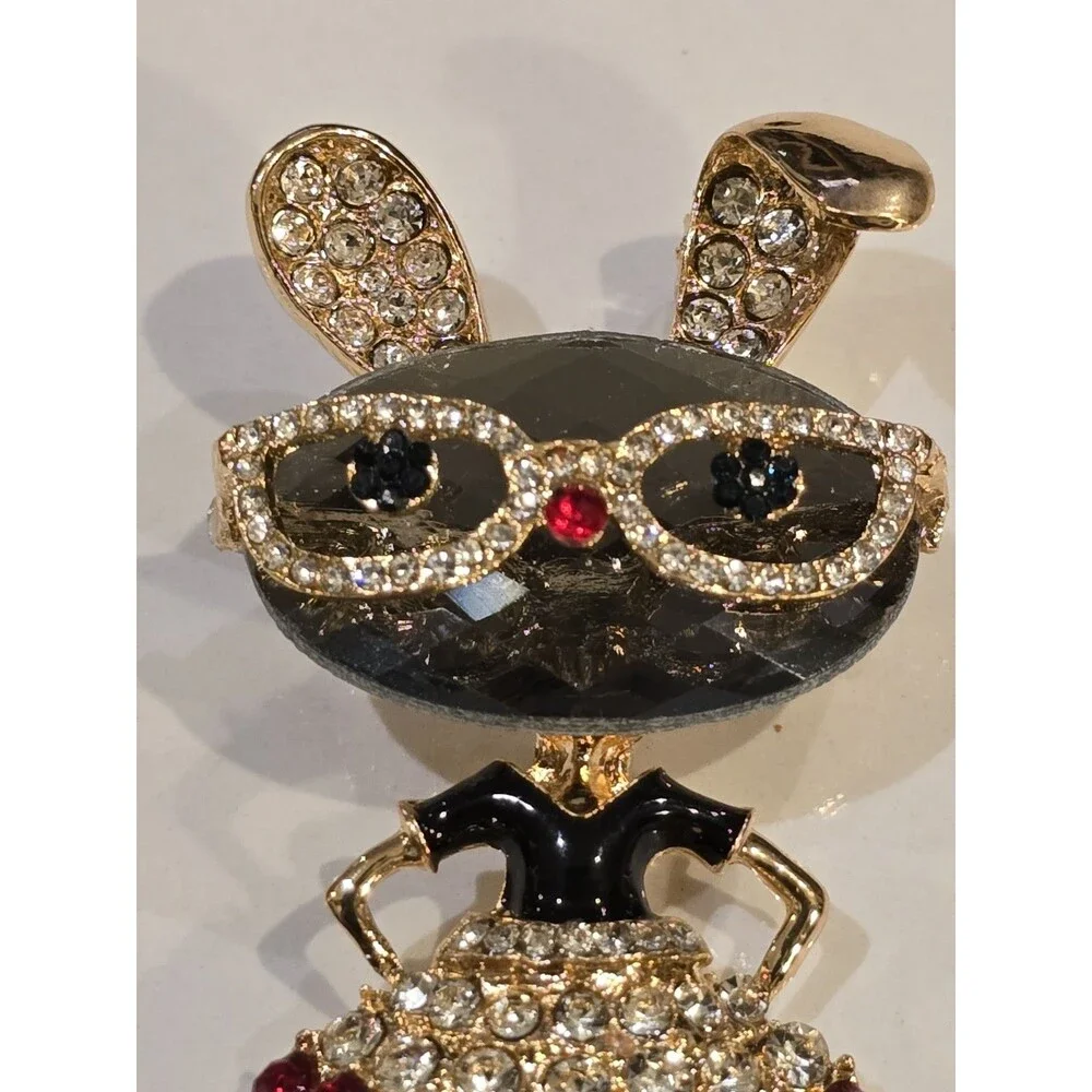 Rhinestone Bunny Rabbit Brooch Sunglasses Red Dress Gold Tone Cute Animal Pin